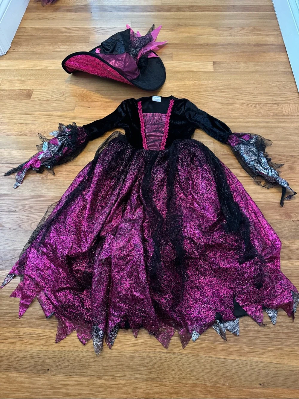 Girls' Pink and Black Witch Costume Dress with Hat and Brooms